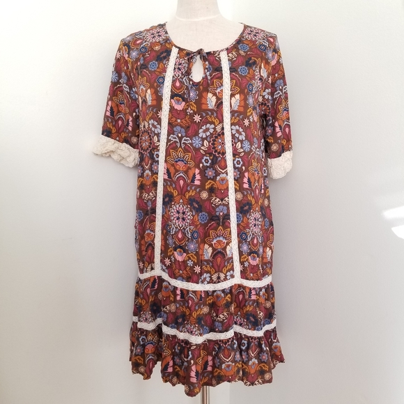Matilda Jane Intermission Brown Floral Shift Dress Size Large - Picture 2 of 15
